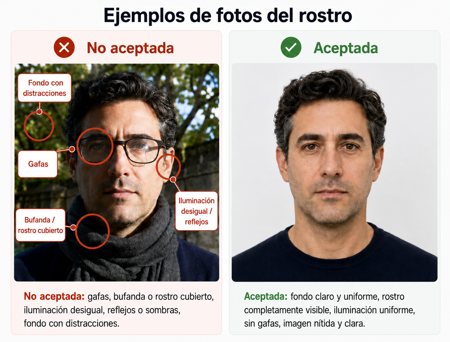 Ejemplos de fotos del rostro aceptadas y rechazadas