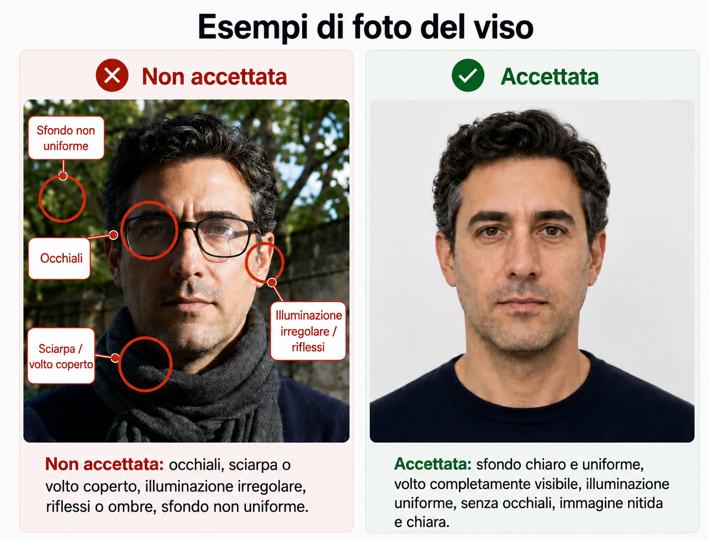 Esempi di foto del viso accettate e non accettate