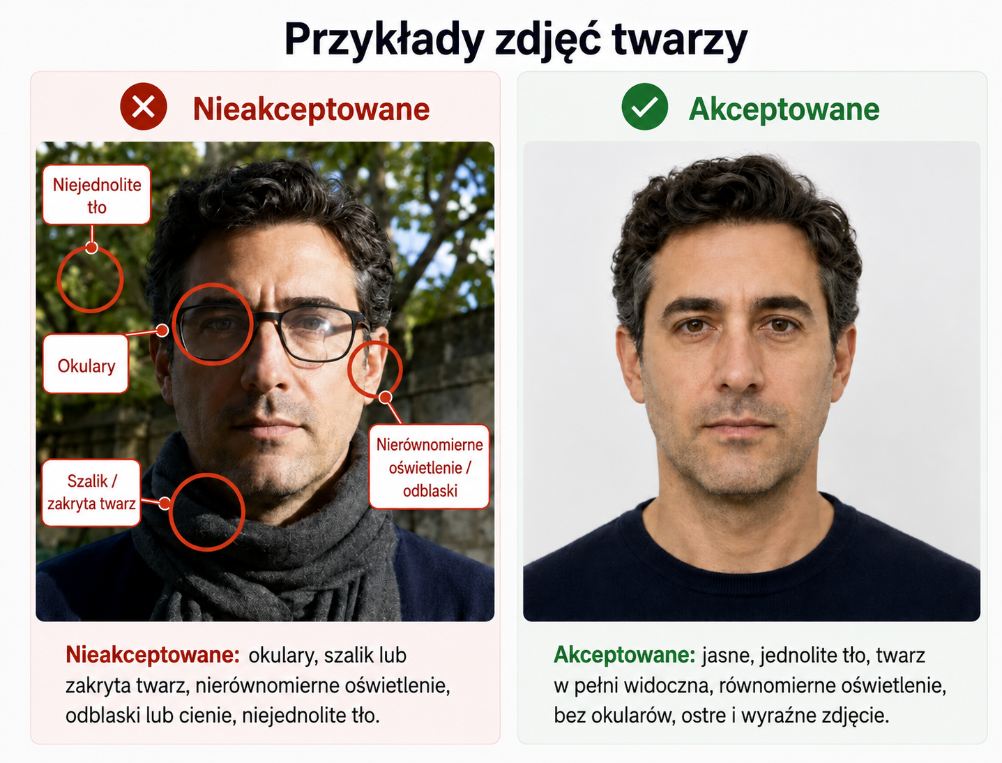 Przykłady prawidłowych i nieprawidłowych zdjęć twarzy